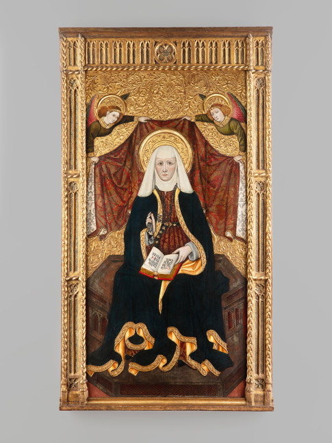 The Master of Girona (Ramon Sol&amp;aacute; II? doc. 1456-1484), Workshop
Saint Anne Enthroned with Angels, c. 1470s
Spain, Catalonia, Girona
Oil, gilding and silvering on softwood panel
63 3/4 x 39 3/8 x 4 inches
(162 x 100 x 10 cm)