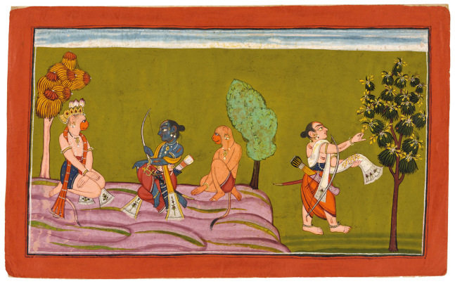Lakshmana gathers elephant-flowers to make a garland, c. 1700-10
From Book IV of the &amp;lsquo;Shangri&amp;rsquo; Ramayana, Style III
Bahu (Jammu) or Kulu
Opaque pigments with gold on paper
Folio: 8 1/2 x 13 3/4 inches (21.5 x 35.0 cm)
Painting: 7 1/8 x 12 3/8 inches (18.0 x 31.3 cm)