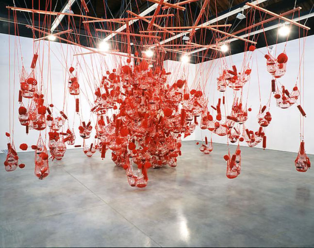 Tunga
True Rouge, 1998
3 Wooden crosses, nets, blown glass and mixed media
Dimensions variable
Installation view in&amp;nbsp;True Rouge
September 12 &amp;ndash; October 24, 1998
Luhring Augustine, New York