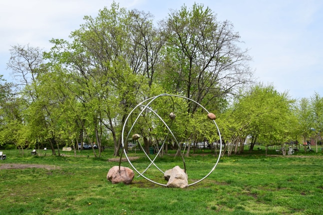 Alicja Kwade,&amp;nbsp;REVOLUTION (Gravitas),&amp;nbsp;2017,&amp;nbsp;Stainless steel, stone

Installation view:&amp;nbsp;Chronos Cosmos: Deep Time, Open Space,&amp;nbsp;Socrates Sculpture Park, New York, 2019

&amp;nbsp;