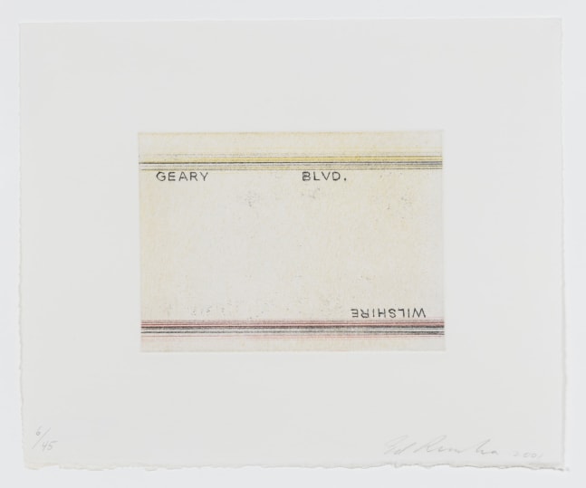 Ed Ruscha (b. 1937)
Geary, Wilshire, from Los Francisco San Angeles, 2001
Soft ground etching
Image: 4 x 5 1/2 inches
Sheet: 8 1/4 x 9 1/2 inches
Edition of 45
Signed and numbered
RUS013