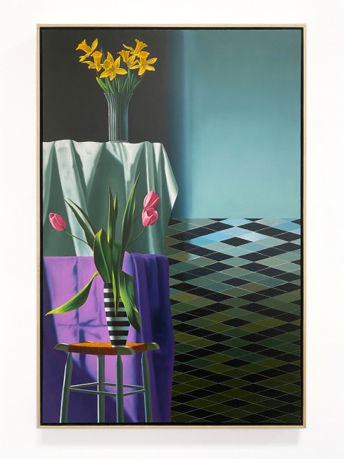 Interior with Two Table Cloths and Daffodils and Tulips