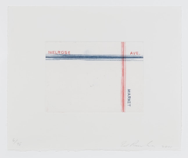 Ed Ruscha (b. 1937)
Melrose, Market, from Los Francisco San Angeles, 2001
Soft ground etching
Image: 4 x 5 1/2 inches
Sheet: 8 1/4 x 9 1/2 inches
Edition of 45
Signed and numbered
RUS010
