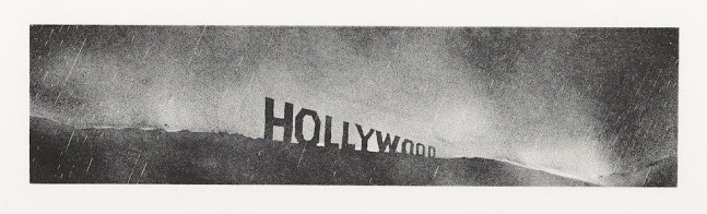 Ed Ruscha (b. 1937)
Hollywood in the Rain, 1969
Lithograph on calendered Rives BFK paper; torn edges

7 x 12 1/4 inches

Edition of 8