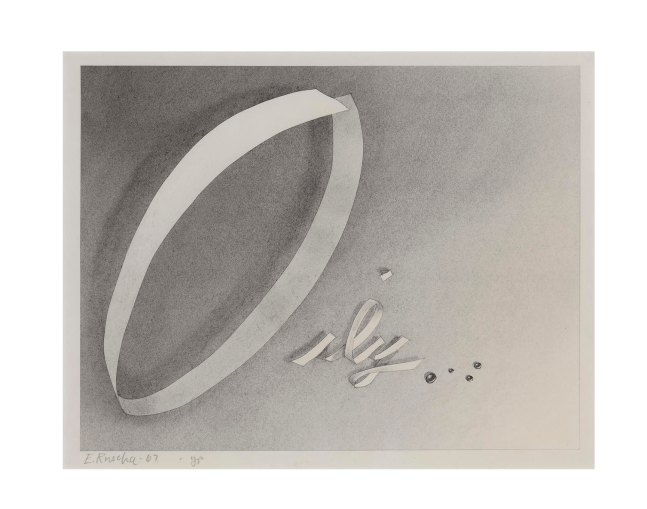 Ed Ruscha (b. 1937)

Oily, 1967

Gunpowder on paper

6 3/4 x 8 3/4 inches