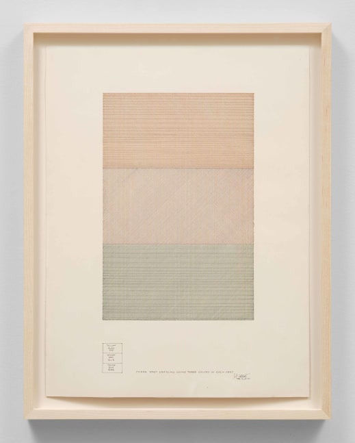 Sol LeWitt (1928-2007)

Three-Part Drawing Using Three Colors In Each Part, February 16, 1970

Ink on paper

18 5/8 x 14 inches, sheet

21 x 16 1/4 x inches, framed