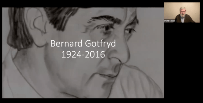 Screenshot of Zoom video with an image of Bernard Gotfryd, &quot;1924-2016&quot;, and a small image of David Scrase in the top right corner