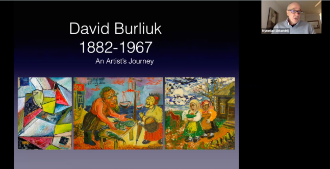 Screenshot of Zoom screen showing Myroslav Shkandrij and images of paintings by David Burliuk