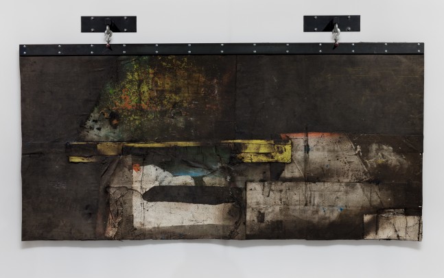 Lateral City, Cloud with Specks of Ham, 2025
Bitumen, rubber, oil-based acrylic and steel
83 &amp;times; 146 &amp;times; 9 inches
210.8 &amp;times; 370.8 &amp;times; 22.9 cm