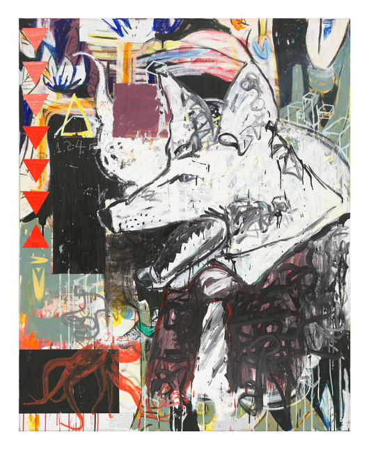 Coyote says &amp;quot;I want to make it with chu&amp;#39;&amp;quot;
Acrylic, oil and collage on canvas
60 x 48 x 2 in.