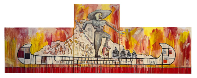 Jaune Quick-to-See Smith
Trade Canoe: Don Quixote in America, 2024&amp;ndash;2025
Acrylic and collage on canvas
60 x 160 inches