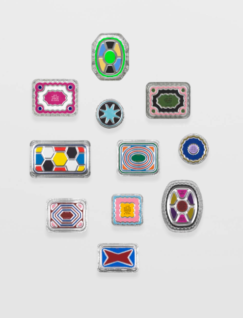 B. Wurtz
Pan Paintings, 1996&amp;ndash;2023
Acrylic on aluminum pans
Dimensions variable