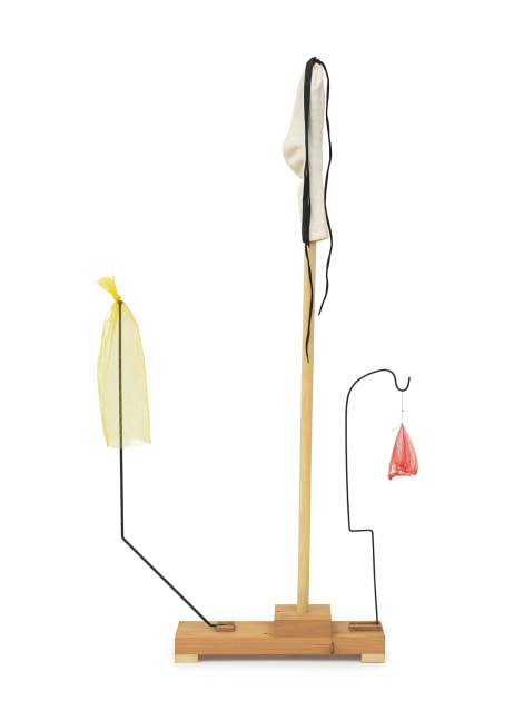 Untitled, 2018
Wood, wire, sock, plastic mesh bags, ribbon, shoelace
52 x 27 x 5 inches