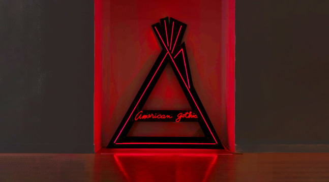 American Gothic, 2024
Ruby red neon, transformers, tipi, wall mount
97 x 71 x 5 in.
