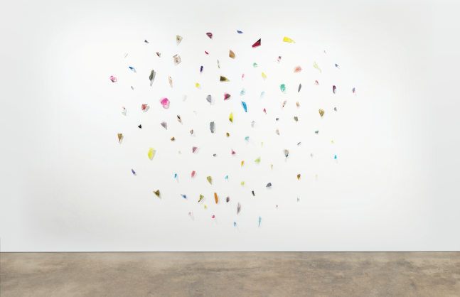 CUT, 2025
Resin, feathers, glass, metal, dry pigments, mylar, shells, rubber, marble dust
90 x 116 x 3 inches