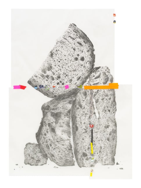 knead, penetrate, let go (green sneaker), 2024
Graphite on vellum, stickers, tape
41 3/8 x 30 7/8 x 1 3/4