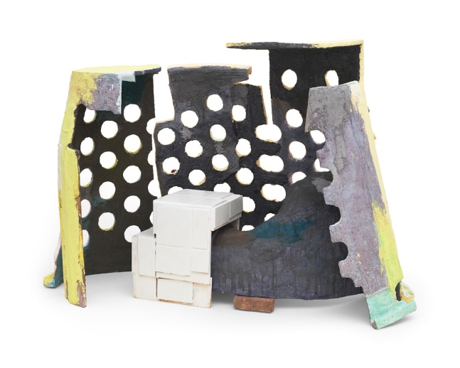 Twilight (Laundry Baskets), 2024
FastMach&amp;eacute;, pigments, cardboard, fabric, brick, tile, plywood, polyurethane resin
90 x 30 x 56
