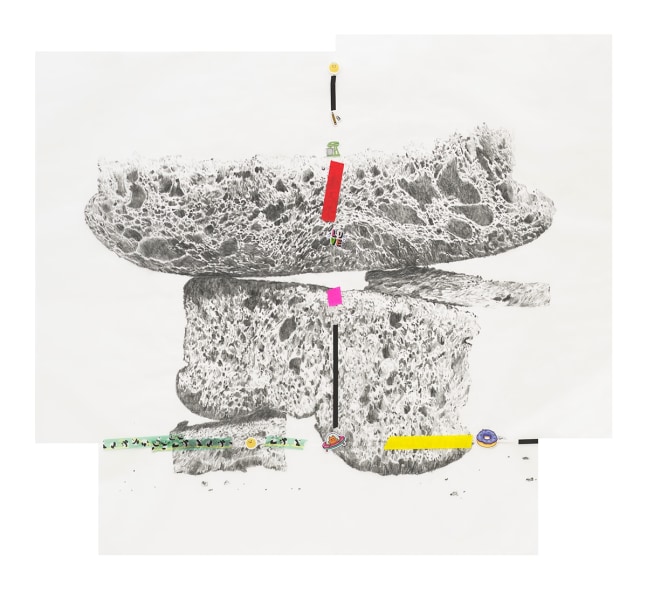 Ester Parteg&amp;agrave;s
knead, penetrate, let go (cat spaceship donut), 2024
Graphite on vellum, stickers, tape
32 3/4 x 35 7/8 x 1 3/4 inches
