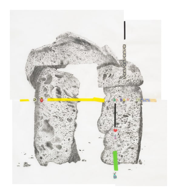 knead, penetrate, let go (strawberry soccer ball), 2024
Graphite on vellum, stickers, tape
38 1/8 x 34 1/8 x 1 3/4