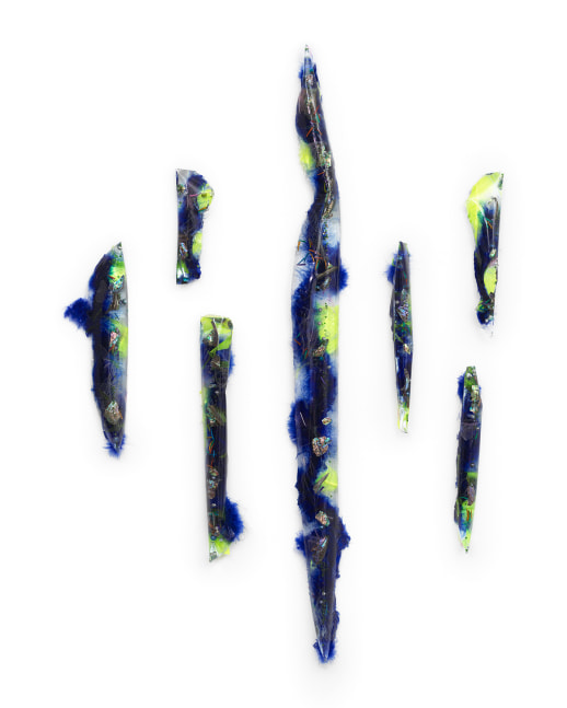 DARK WATERS, 2025
Resin, feathers, glass, metal, dry pigments, mylar, shells, rubber
51 x 35 x 3 inches