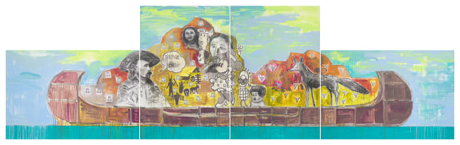 Trade Canoe: Thanks for the Memories, 2023
Acrylic and paper collage on canvas
72 x 240 inches
182.9 x 609.6 cm
