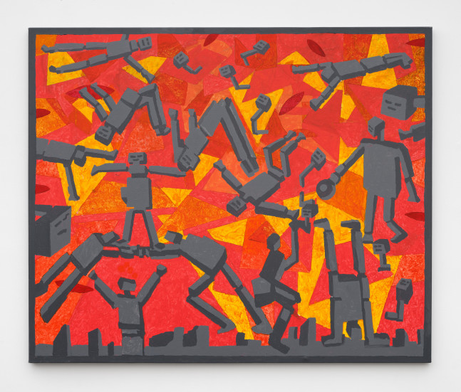 A painting with grey robots holding each other up and falling against a red, yellow and orange background.