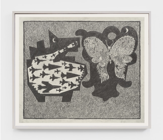 A large ink drawing of a butterfly and fighter jets.