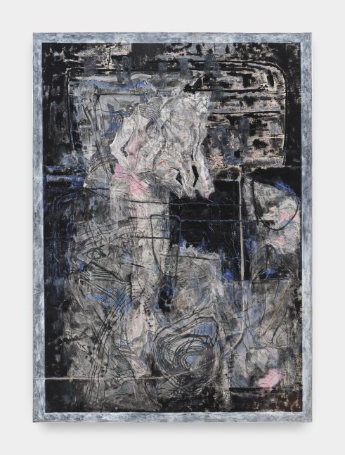 A textured painting with black and grey swatches of color layered with gauze and line drawings.