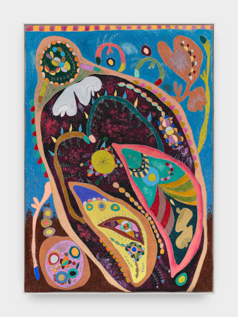 This piece depicts a human like figure as the focal point of drawing. Colors such as yellow, red, black, blue, turquoise, brown, coral, gray, purple cover the entire canvas in varying shapes of circles, crescents, and curved lines. At the center, inside of the human-like figure are two crescent shapes, with the left one smaller than the one on the right. Multi colored shaped float inside the two shapes.