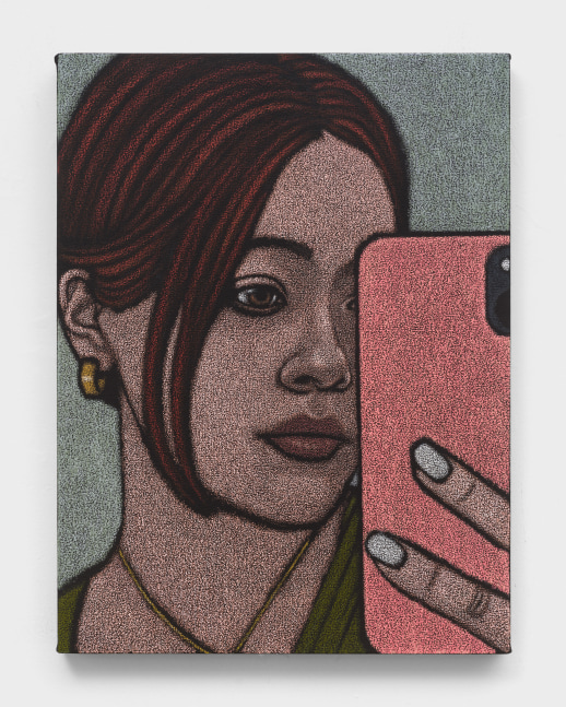 An oil pastel painting of a woman taking a selfie in a mirror on a smartphone.