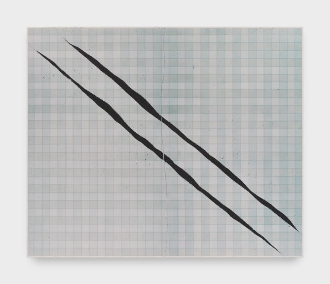 A canvas painting of plaid in shades of blue and gray with two long diagonal black painted slashes through the center.
