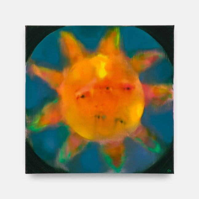 A painting of a yellow sun with multiple eyes against a blue sky.