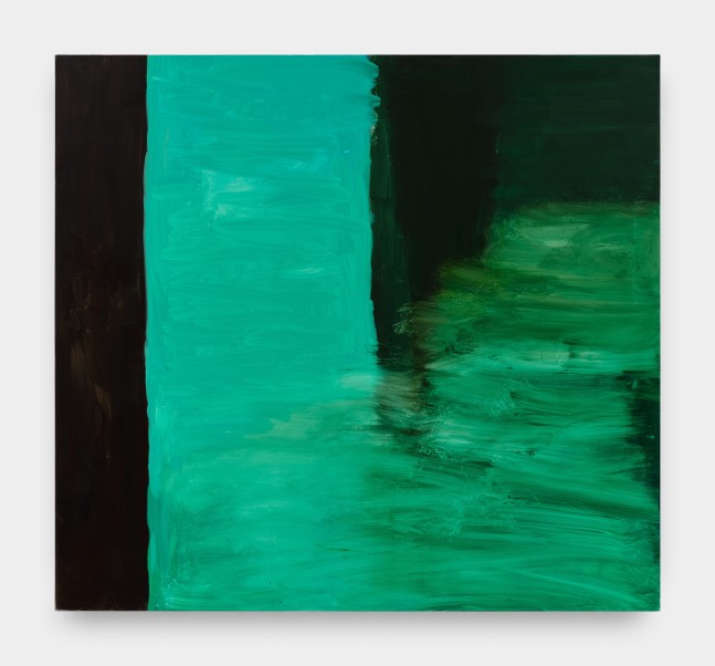 An abstract painting with dynamic brushstrokes in seafoam and green hues with swatches of black pigment.