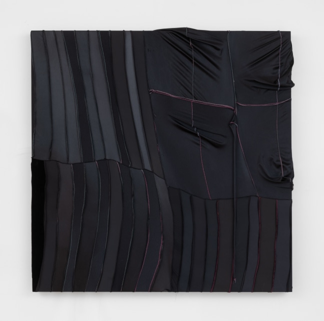 A square painting made from black durags sewn into rectangular panels stretched tightly on the left side and hanging with slack on the right side.