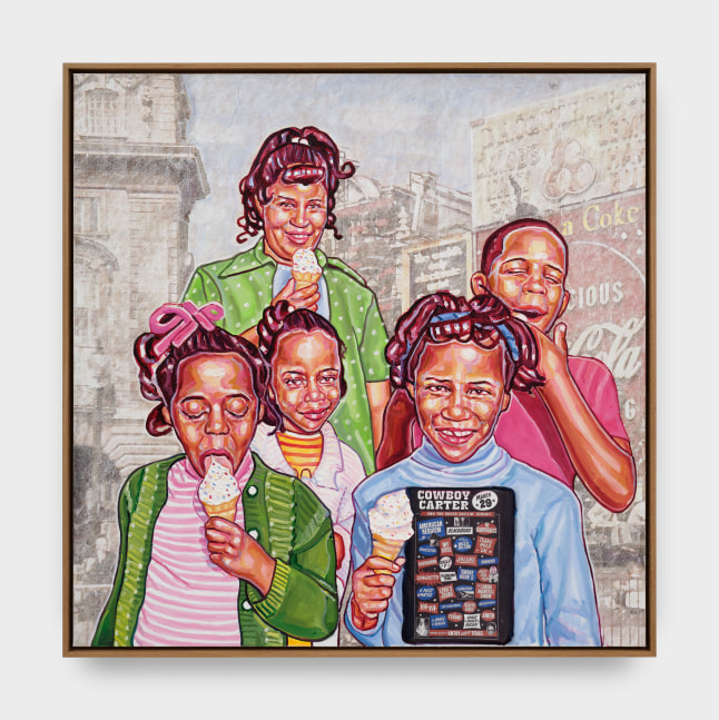 A painting of a woman and four children eating ice cream.