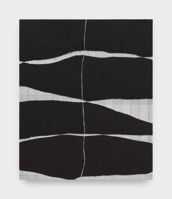 A painting on canvas of black with large white horizontal wavy lines at the center. And one thin vertical white line stretching from the top to the bottom of the painting.
