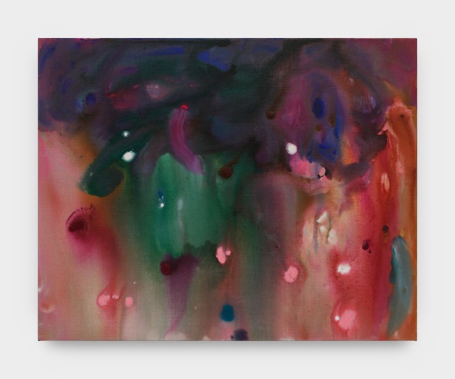 A painting on linen illustrates a fusion of colors in shades of red, purple, green, blue, pink, and orange creating a water-color like imagery.