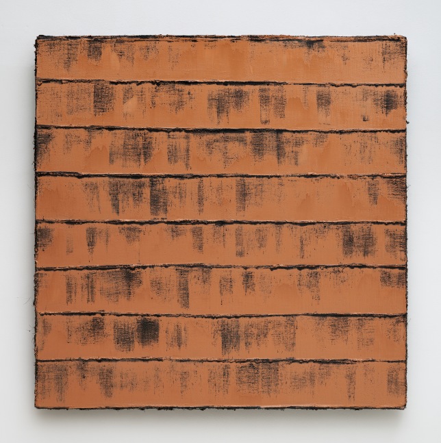 A square textured painting with thick layers of burnt orange pigment in horizontal stripes with black pigment showing through the brushstrokes