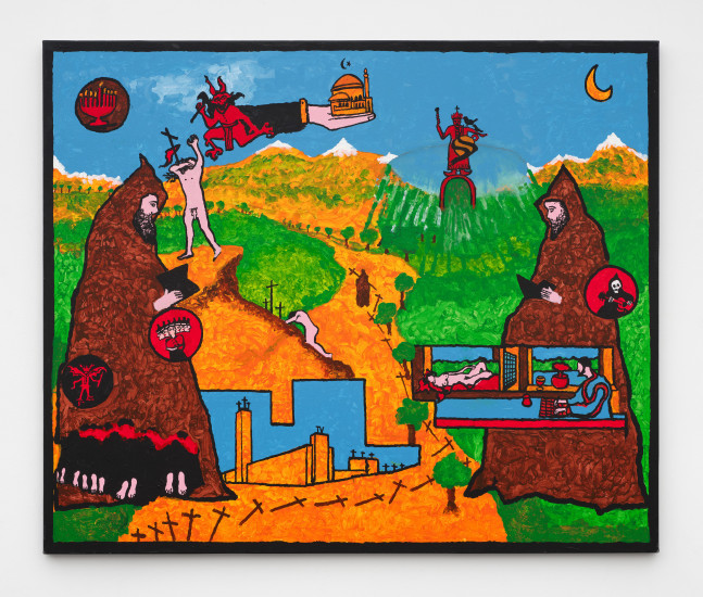 A painting with two monks on either side of a valley with naked people climbing a mountain covered in crosses and small vignettes of a reclining nude, a menorah and the devil.