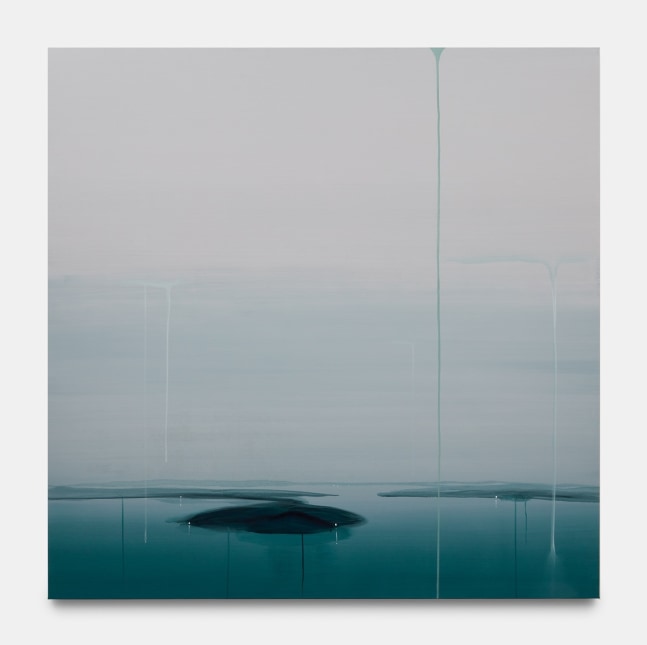 A grey and dark green gradient painting depicting an island in a body of water.