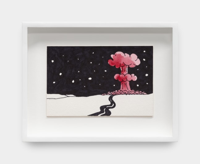 A small ink drawing of a winding road on an open plane with a red mushroom cloud erupting against a black starry sky.