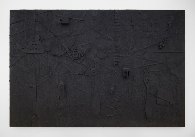 A large collaged painting with oars, boats, ladders and swooping lines of rope coated in black sand.