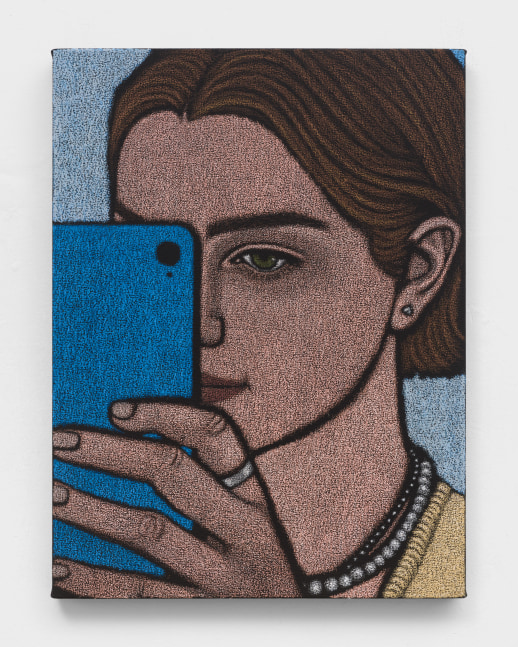An oil pastel painting of a woman taking a selfie in a mirror on a smartphone.