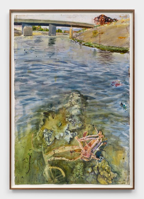 A watercolor painting depicting a pale pink bicycle and other debris in yellow and blue waters near the round sandy shore of Ballona Creek with a bridge in the background.