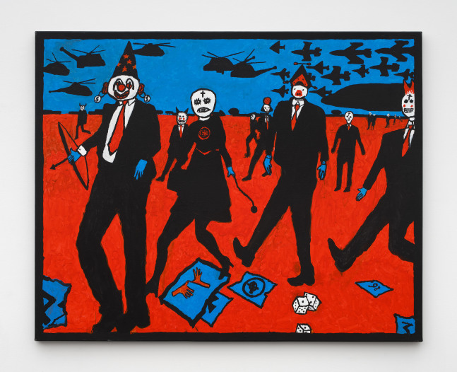 A red and blue painting of people with clown, pig and devil faces walking with a bow and arrow with helicopters and fighter jets flying above them.