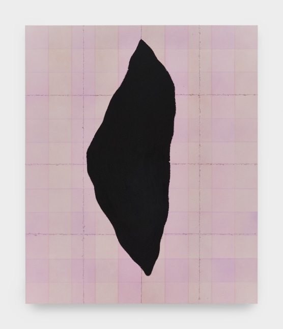 A painting on canvas of plaid in two shades of pink with a wide vertical black gash through the center.