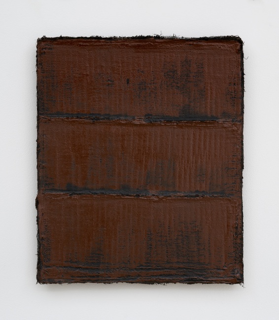 A rectangular textured painting with thick layers of brown pigment making horizontal lines.