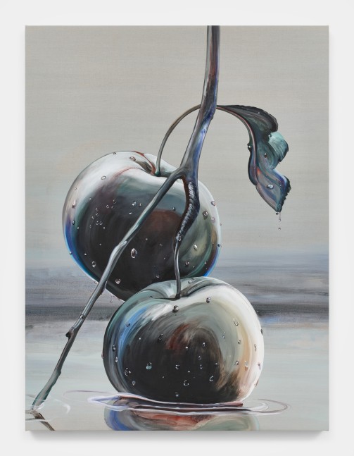 A grey toned painting of two apples attached to the same branch bobbing in water.