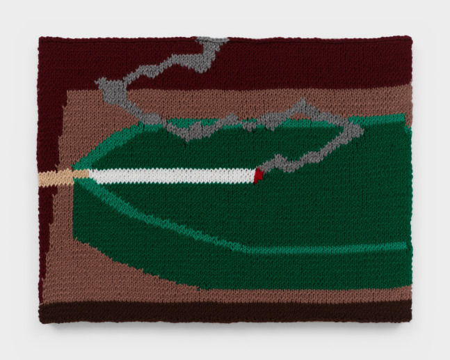 A knit artwork depicting a smoking cigarette in a green ashtray, sewn into linen and stretched.