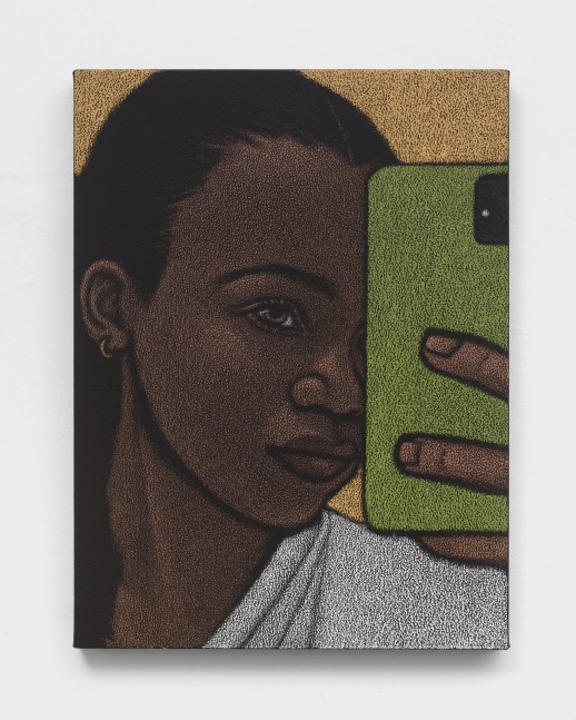 An oil pastel painting of a woman taking a selfie in a mirror on a smartphone.